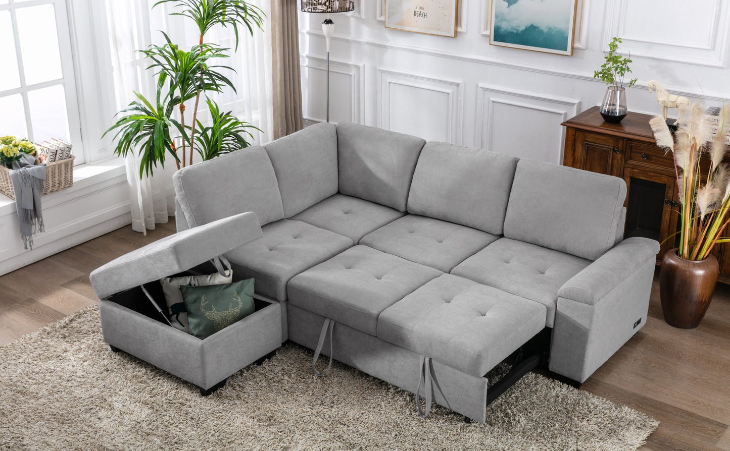 Sleeper Sectional Sofa, L-Shape Corner Couch Sofa-Bed With Storage Ottoman & Hidden Arm Storage & USB Charge  for Living