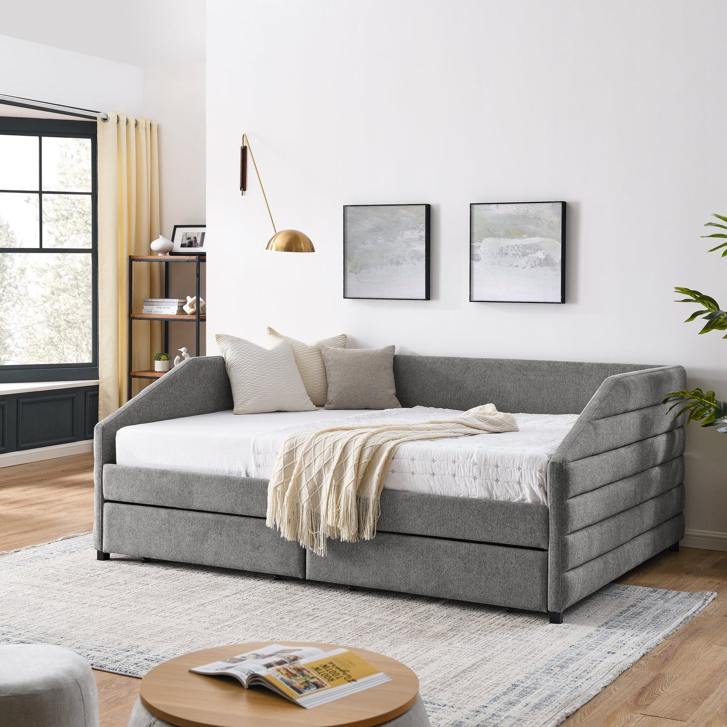 Queen Size Daybed With Two Drawers Trundle Upholstered Tufted Sofa Bed