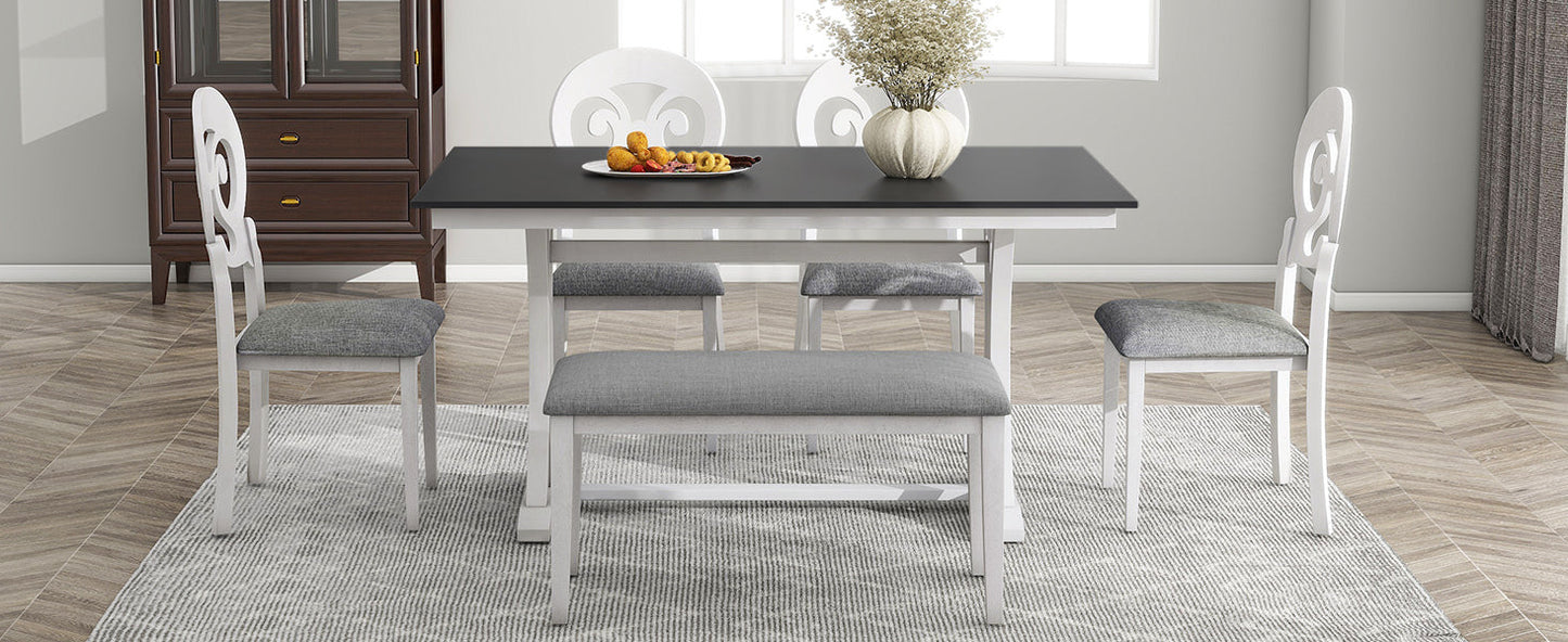 Mid-Century 6-Piece Trestle Table Set With Victorian Round Upholstered Chairs