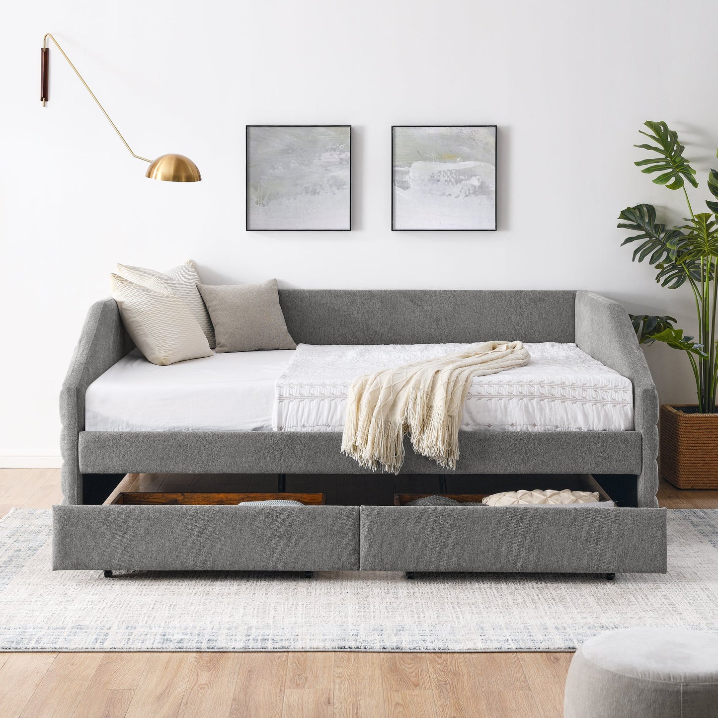 Queen Size Daybed With Two Drawers Trundle Upholstered Tufted Sofa Bed