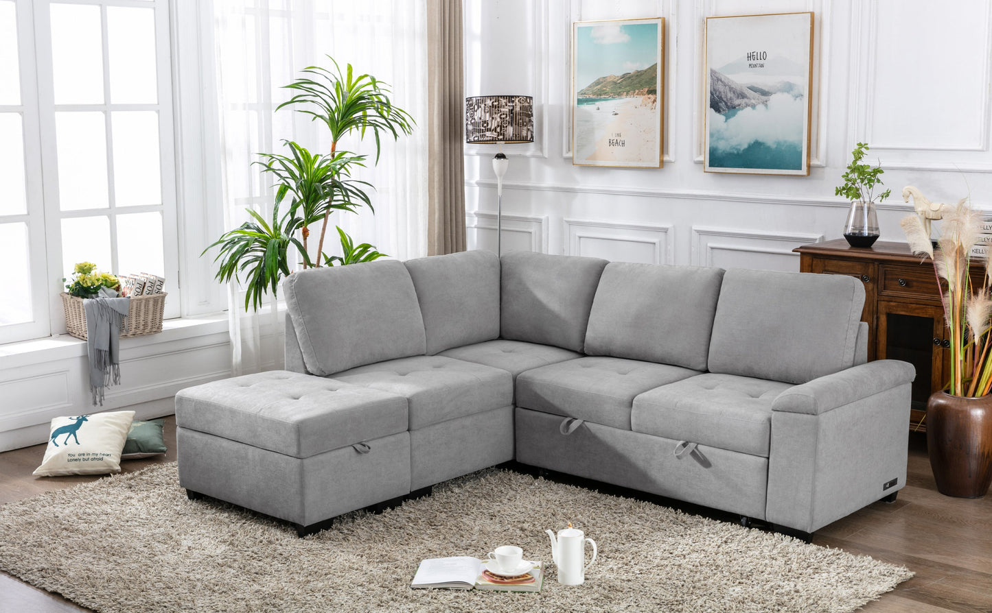 Sleeper Sectional Sofa, L-Shape Corner Couch Sofa-Bed With Storage Ottoman & Hidden Arm Storage & USB Charge  for Living
