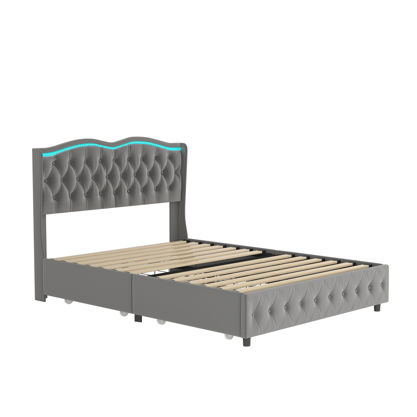 Queen Platform Bed Frame , Velvet Upholstered Bed With Deep Tufted Buttons