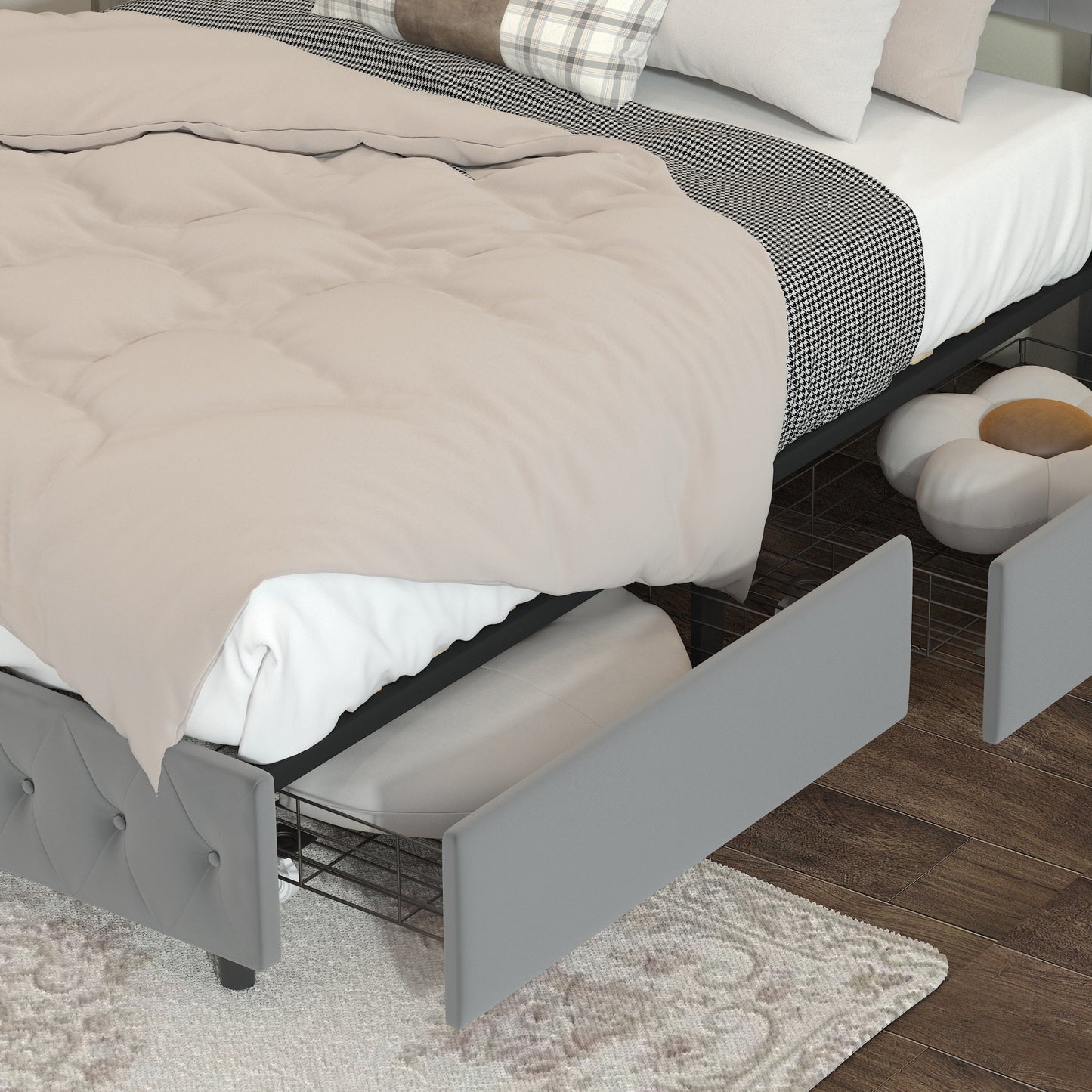 Queen Platform Bed Frame , Velvet Upholstered Bed With Deep Tufted Buttons