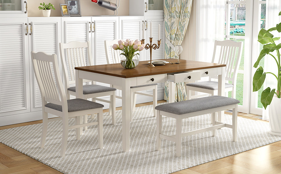 Mid-Century 6-Piece Wood Dining Table Set, Kitchen Table Set With Drawer