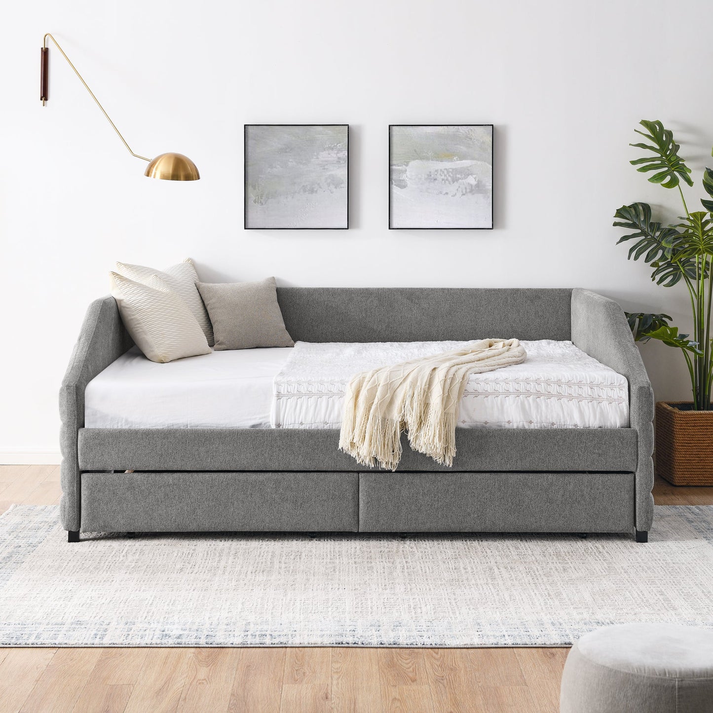 Queen Size Daybed With Two Drawers Trundle Upholstered Tufted Sofa Bed