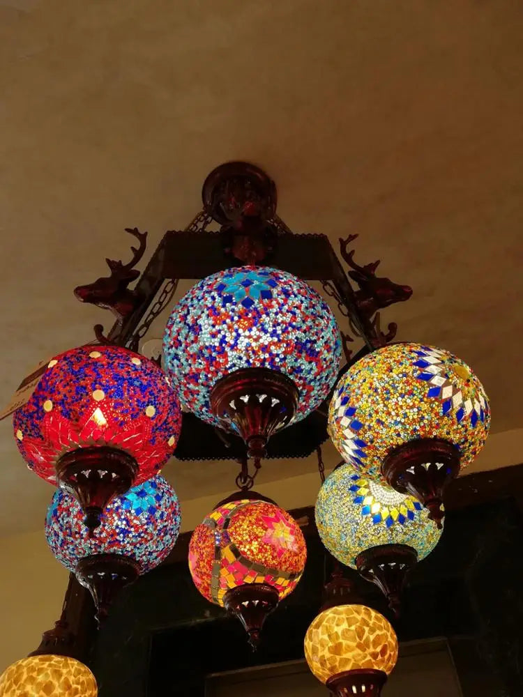 Globes Chandelier Lights Turkish Moroccan Mosaic Style Lighting Hang Ceiling Lamp Stained Glass Pendant Light