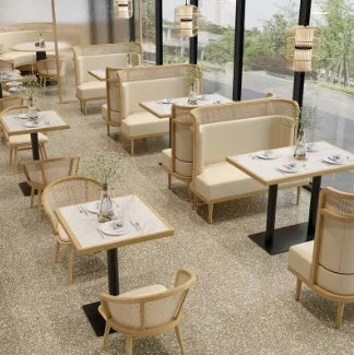 Cafe Seating Rattan Chair Back Multi-Layer Solid Wood Plywood Table Top Hardware Table Legs High-Grade Leather Seat Cushion