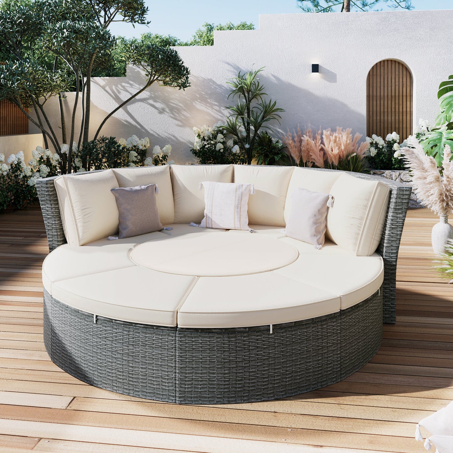 Patio 5-Piece Round Rattan Sectional Sofa Set All-Weather PE Wicker