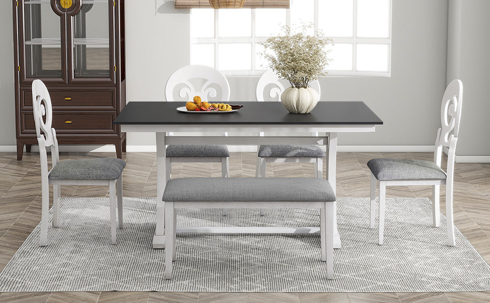 Mid-Century 6-Piece Trestle Table Set With Victorian Round Upholstered Chairs