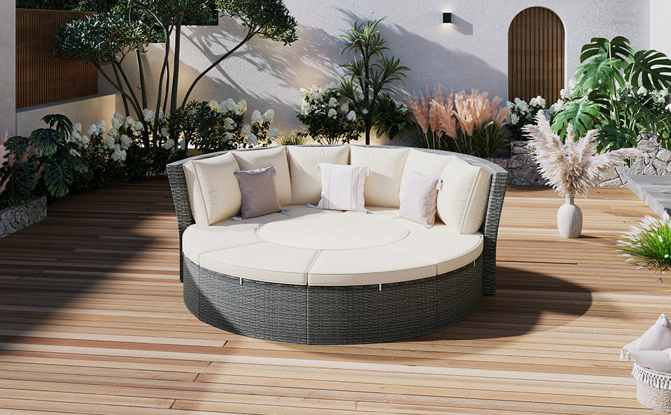 Patio 5-Piece Round Rattan Sectional Sofa Set All-Weather PE Wicker
